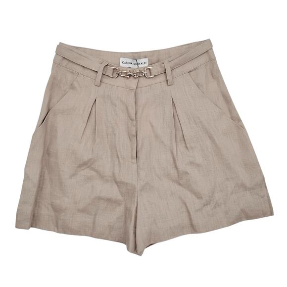 New Karina Grimaldi Hallie Linen Shorts Latte Tan High Waist Belted Pleated XS - Picture 1 of 4